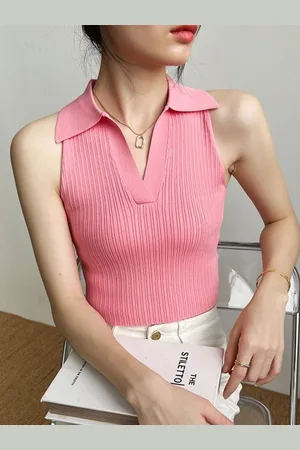 HERE&NOW Women Shirt Collar Ribbed Top