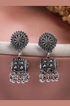Anouk Women Silver-Plated Oxidised Contemporary Jhumkas Earrings