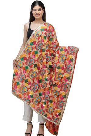 Exotic India Ethnic Motifs Embroidered Art Silk Dupatta with Phulkari