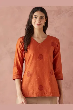 Fabindia Ethnic Motifs Printed V-Neck Cotton Silk Top