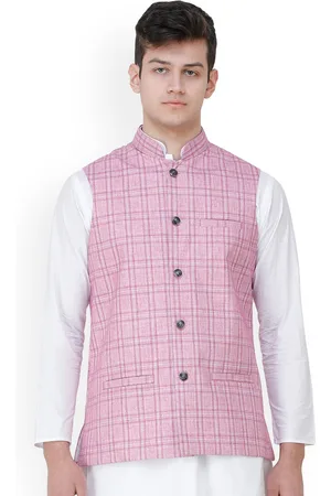 Exotic India Pastel Lavender Double Check Pattern Nehru Jacket with Front Pockets