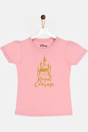 YK Girls Pink Disney Princess Print Cotton Round Neck T-shirt