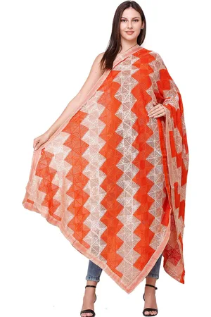 Exotic India Flame Phulkari Art Silk Dupatta with Embroidery and Gota Border