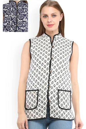Exotic India Women Printed Flowers Pure Cotton Reversible Crop Denim Jacket