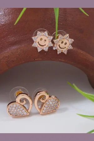 I Jewels Set Of 2 Rose Gold-Plated Cubic Zirconia Heart Shaped Stud Earrings