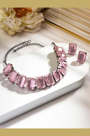 Rubans Rhodium Plated Pastel Pink Crystal Cubic Zirconia Studded Statement Choker Set