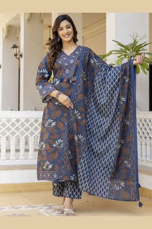 AUTUMN LANE Women Floral Printed Work Pure Cotton Kurta with Trousers & With Dupatta