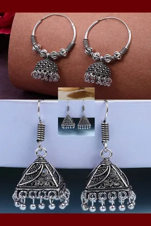 Anouk Women Set of 2 Ethnic Silver-Plated Oxidised Circular Jhumka Earrings
