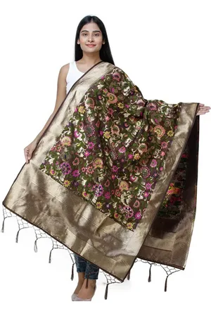 Exotic India Tiramisu Brocade Art Silk Dupatta with Woven Floral Motifs All-Over