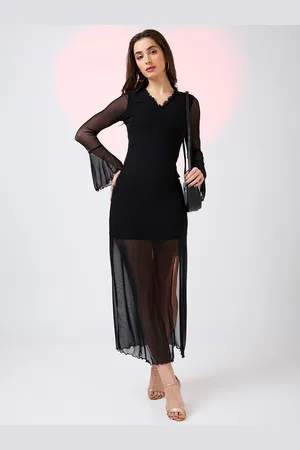 Globus Women Frilled V-Neck Bell Sleeves Front Slit Net Midi Bodycon Party Dress