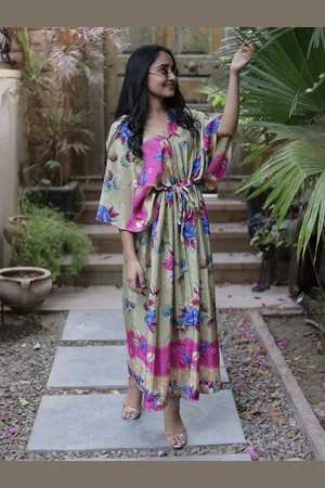 Exotic India Floral Printed Kimono Sleeves Pure Silk Vintage Tie Kaftan Maxi Dress