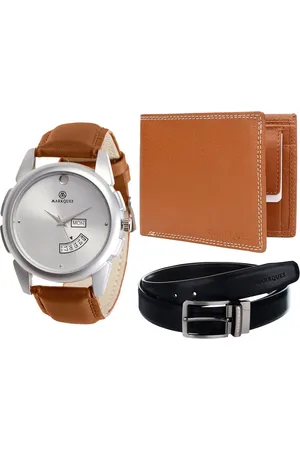 MARKQUES Men Tan Colored Solid Leather Accessory Gift Set STV-770904-SPT-04-NL-01-Multi