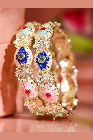 Rubans Set of 2 18K Gold Plated Multicolor Enamel & Stone Studded Floral Design Bangles