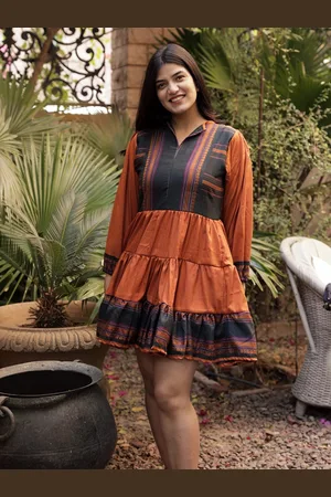 Exotic India Rust Vintage Pure Silk Frill Dress