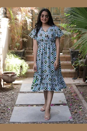 Exotic India Floral Printed V-Neck Heather Vintage Pure Silk Summer A-Line Dress