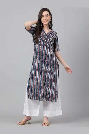 Janasya Women Navy Blue Cotton Geometric Straight Kurta