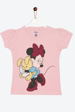 YK Girls Pink Minnie Mouse Glitter Printed Cotton T-shirt
