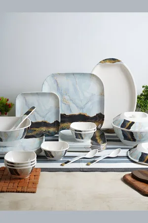 Aura White & Blue 41 Pieces Printed Melamine Glossy Dinner Set