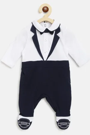 chicco Infant Boys White & Navy Blue Solid Sleepsuit