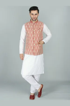 Exotic India Terra Cotta Art Silk Nehru Jacket Waist Coat with Sequin and Chikankari