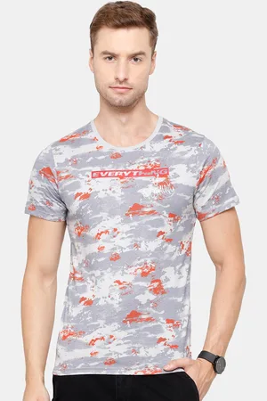 WROGN Men Grey & Orange Printed Pure Cotton Slim Fit T-shirt