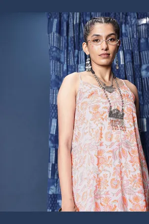 Taavi Floral Sanganeri Block Printed Pleated Pure Cotton Kurta with Trousers