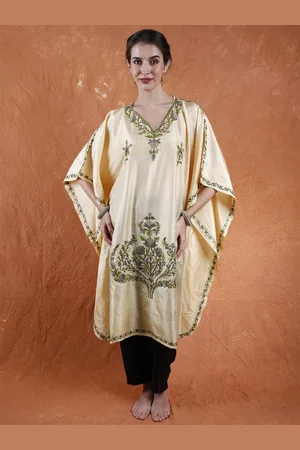 Exotic India Summer Melon Pure Silk Short Kashmiri Kaftan with Floral Aari Hand Embroidery