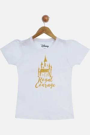 YK Girls White Disney Princess Print Round Neck Cotton Pure Cotton T-shirt
