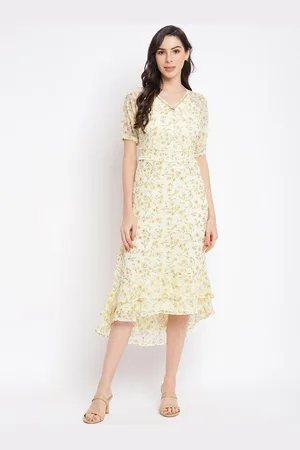 Latin Quarters Women Yellow Floral A-Line Midi Dress