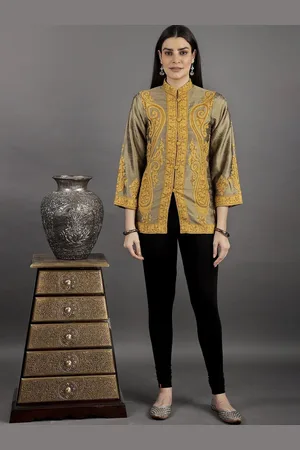 Exotic India Tree House Short Mandarin Jacket with Contrast Giant Paisley Embroidery