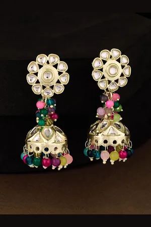 ATIBELLE Gold-Plated Kundan Studded Contemporary Shaped Jhumkas