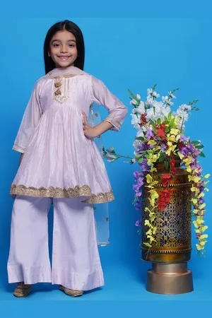 Little Bansi Girls Self Design Sequinned Cotton Silk A-Line Kurta with Palazzo & Dupatta