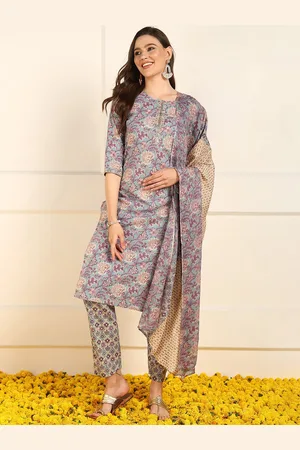 Ahika Floral Embroidered Sequinned Pure Cotton Straight Kurta With Trousers & Dupatta