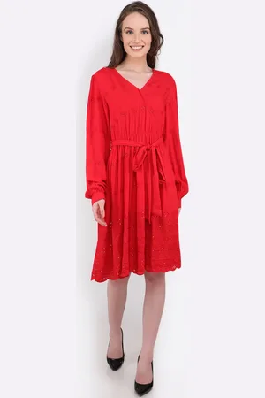 MARC LOUIS Women Red Embroidered Fit and Flare Dress