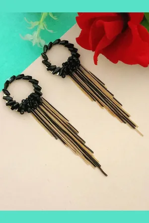 DIVASTRI Gold-Plated Artificial Beaded Contemporary Shaped Chain Drop Earrings