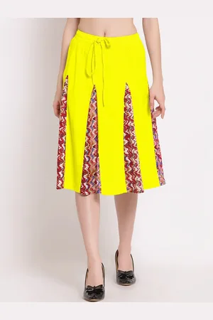 PATRORNA Women Plus Size Yellow Printed Flared Knee Length Skirt