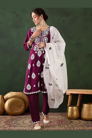 MANVAA Floral Embroidered Straight Thread Work Kurta With Trousers And Dupatta