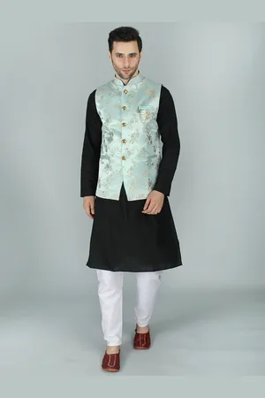 Exotic India Pastel Blue Ethnic Party Wear Floral Brocade Nehru Jacket Waist Coat