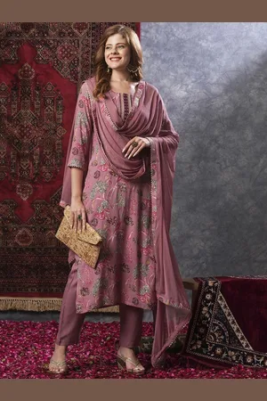 DIVASTRI Floral Printed Round Neck Straight Kurta With Trousers And Dupatta