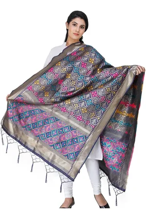 Exotic India Navy Blue Brocade Art Silk Dupatta with Multi-Color Thread Weave