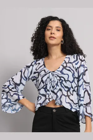 Mast & Harbour White & Blue V Neck Printed Flared Sleeve Georgette Top