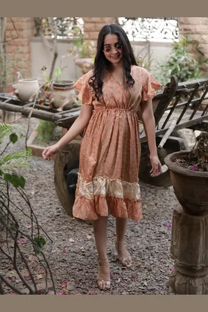 Exotic India Floral Printed Flutter Sleeve Vintage Pure Silk Fit & Flare Dress
