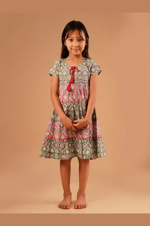 Sangria Girls Printed Pure Cotton Fit and Flare Midi Dress