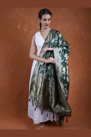 Exotic India Rainforest Art Silk Brocaded All-Over Floral Vine Pattern Banarasi Dupatta