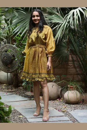 Exotic India Mustard Assorted Vintage Pure Silk Vaccay Dress