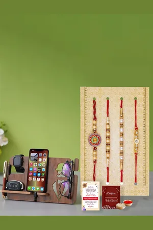eCraftIndia Set of 4 Designer Floral & Diamonds Designer Rakhis With Multiutility Holder