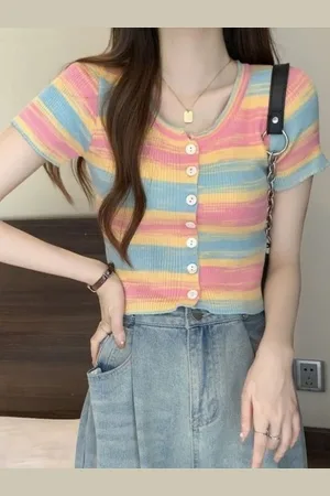 HERE&NOW Striped Short Sleeves Woollen Top