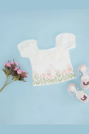 Pantaloons Girls Floral Embroidered Puff Sleeve Top