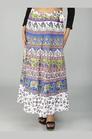 Exotic India Lucent White Sanganeri Wrap Around Long Skirt with Flowers-Elephant Print