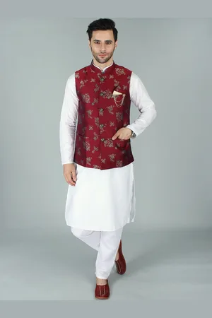 Exotic India Winery Brocaded Modi Jacket Waist Coat with Golden Floral Motif